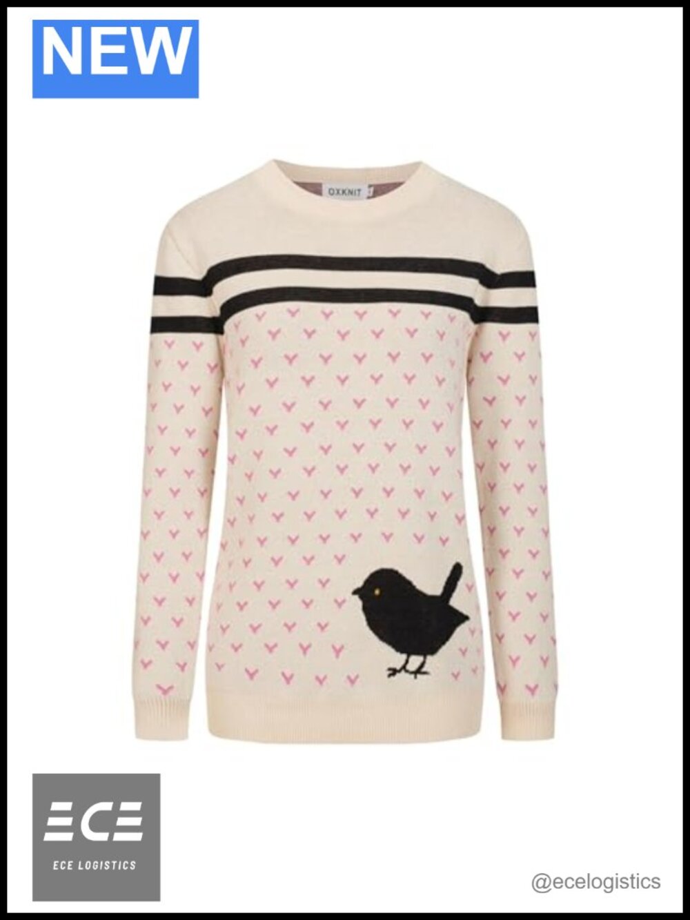 Knit Long Sleeve T-Shirt Retro 1960s Mod Bird Heart Crewneck Casual Top